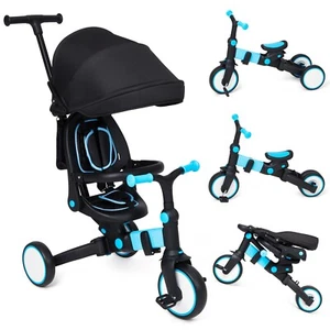 7 in 1 Folding Toddler Baby Tricycle w/Adjustable Push Handle & Canopy Blue - Picture 1 of 7