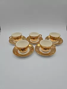 TAZAS DE TÉ/PLATILLOS ORO 22KT LLANTAS EN RELIEVE, CHINA FINA CALIDAD KING, Juego de 10 piezas - Imagen 1 de 10