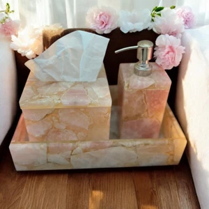 Juego de baño de cuarzo rosa - Colección de decoración de baño de piedra natural hecha a mano decoración del hogar - Imagen 1 de 6