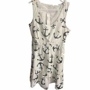 J Crew Sommerkleid Midi Größe 2 weiß mit marineblauen Ankern. Seitentaschen - Bild 1 von 7