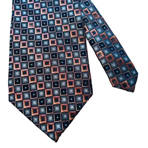 Joseph & Feiss Men's 100% Silk Geometric Necktie Copper Brown Blue Square Patter - Picture 1 of 5