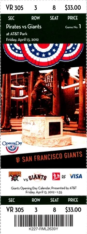 TICKET - San Francisco Giants vs Pittsburgh Pirates 4/13/12 Matt Cain 1 Hitter Cover