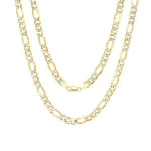 14K Yellow Gold Solid Men 8.5mm Diamond Cut White Pave Figaro Chain Necklace 22" - Picture 1 of 9