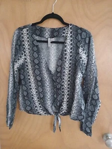 Snake Print Tie Front Cropped Blouse Uk 12 - Picture 1 of 6
