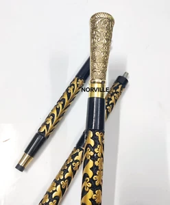 Massiver goldener Säulenkopfgriff Vintage antik Holz Gehstock Stock Geschenk - Bild 1 von 8
