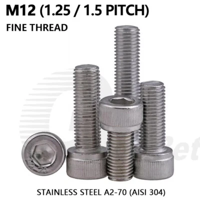 M12x1.5 M12x1.25 Fine Thread Socket Cap Screws Bolts A2 Stainless Steel DIN 912 - Image 1 of 4
