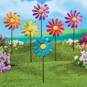 Set of 6 Colorful Metal DAISY Garden Wind Spinner Yard Lawn Stakes 18" Art Decor - Picture 1 of 6