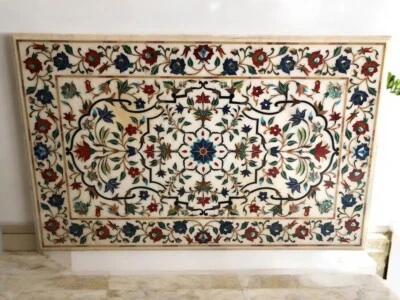 White Marble Dining Table Inlay Mosaic Handmade Work Farmhouse Furniture Decors - Image 1 of 4