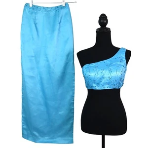 Vintage 90s Y2K Turquoise Blue 2 Piece Dress Set One Shoulder Crop Top Satin 4 - Picture 1 of 10