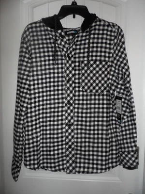 Cool Tony Hawk men's size M black white checkered button up hooded shirt NWT - Image 1 of 4