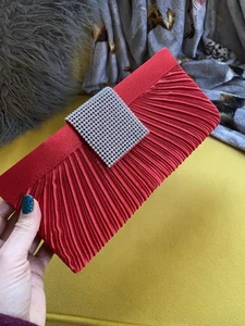 Red Satin Diamonte Clutch Bag Evening Bag Occasion Prom Wedding Bag New - Picture 1 of 8