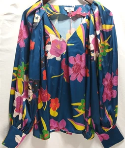 Women’s Large Floral Bishop Sleeve Blouse Blue Pink Yellow Satin Top - Picture 1 of 11