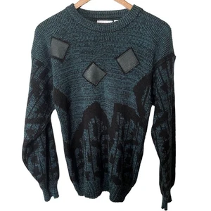 Campus Vintage 80er 90s Sweater Pullover Herren Blau Schwarz Acryl Leder Abstrakt S - Bild 1 von 9