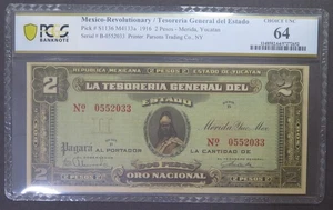 MEXICO 2 PESOS 1916 EL BANCO LA TESORERIA YUCATAN PCGS 64 CHOICE BANKNOTE ⭐🌈 - Picture 1 of 2
