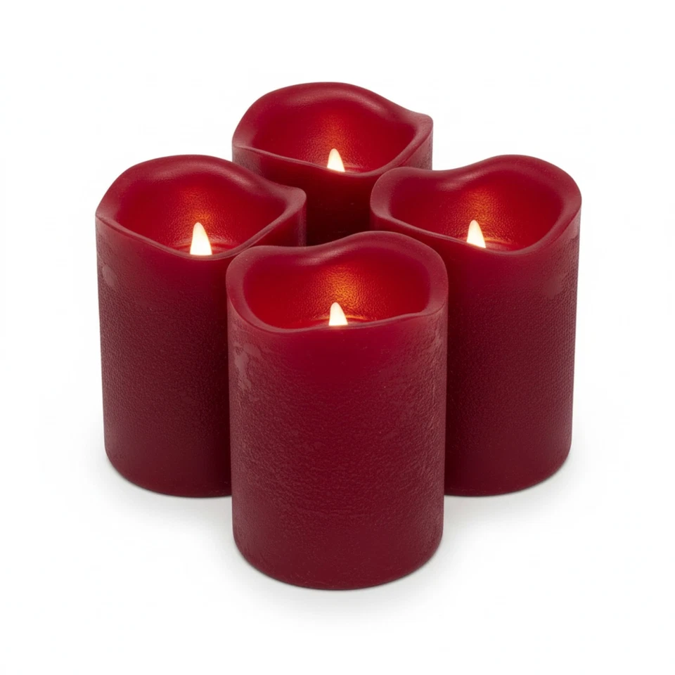 4x LED-Kerze 4er-Set mit Timer Kerzenlicht Echtwachskerze Dunkelrot Ø 5 x 7cm - Bild 1 von 4