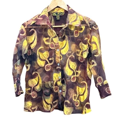 Blusa vintage Mirasol mezcla de lino caprichosa otoño abotonada pequeña arte para usar Foto 1 de 4