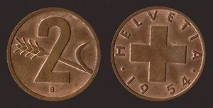 SCHWEIZ HELVETIA 2 RAPPEN 1954 B Q.FDC/aUNC FAST PRÄGEBLÜTE - Bild 1 von 1