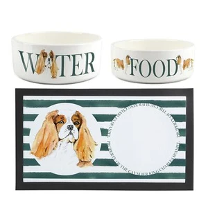 Cavalier Spaniel Haustier Schüsseln & Matte Set - Weiß Keramik Futter & Wasser Geschirr Geschenke - Bild 1 von 5