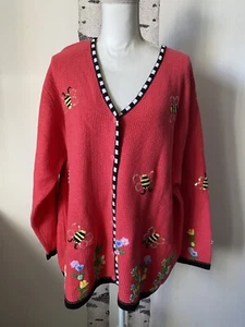 Quaker Factory Sweater 2X Button Cardigan Bumble Bees Flowers Embroidered - Picture 1 of 12