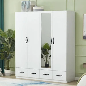 Wood Wardrobe Armoire Storage Cabinet w/ Mirror, 3/4 Doors White Wardrobe Closet - Picture 1 of 23
