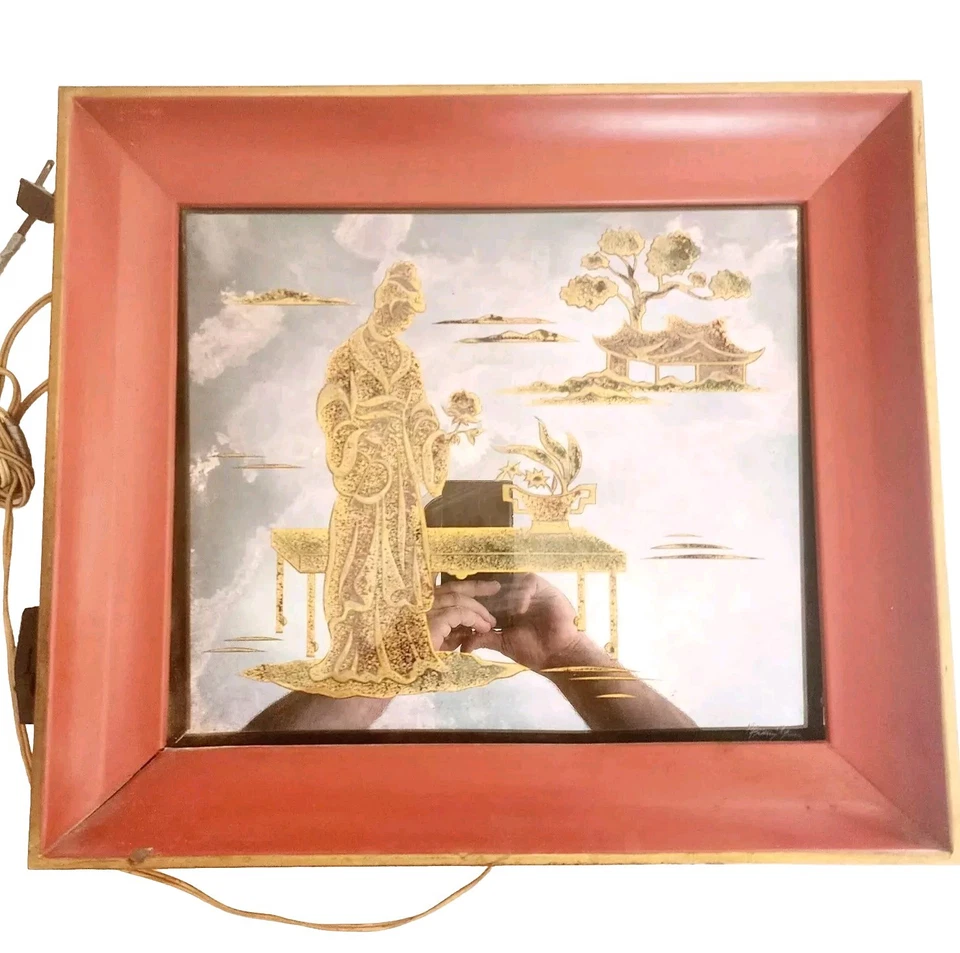 Franz Grosz 1960s Glass Etch Asian Art MCM Silver Mirror Framed Lighting BRCT - Image 1 of 4