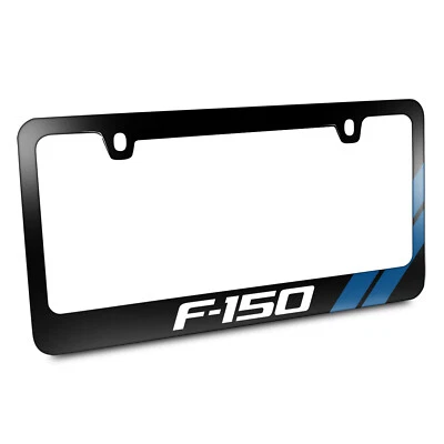 Ford F-150 Carbon Fiber Texture Blue Stripe Black Metal License Plate Frame - Image 1 of 4