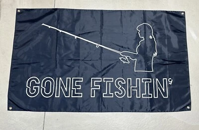 Gone Fishing Flag 56”x33” Navy Blue With White Graphic Outline House Decoration - Image 1 of 4