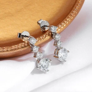 D Color Moissanite Drop Earrings S925 Silver 18K White Gold Plated Pass Tester - Picture 1 of 12