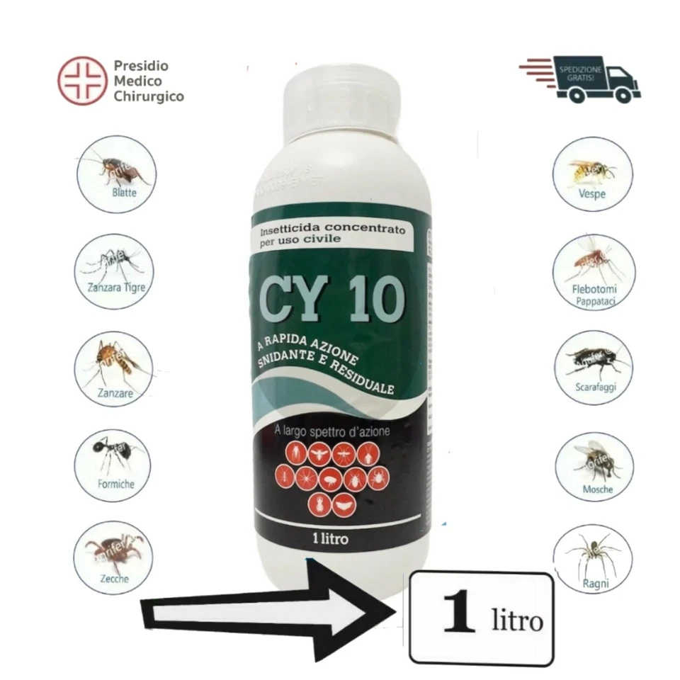 INSETTICIDA CY10 CONCENTRATO CIPERMETRINA MOSCHE ZANZARE VESPE PULCI ZE 1lt vebi