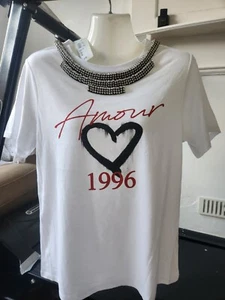 RIVER ISLAND Ladies T- Shirt AMOUR & Neck Trim,white Size UK M 12 EU38 RRP £30 - Picture 1 of 22