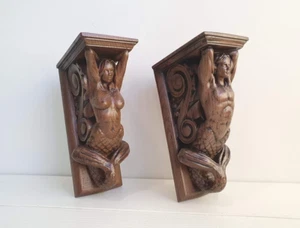 Pair of Carved Corbel Merman and Mermaid of wood,Home Wall Embellishments wall - Picture 1 of 5