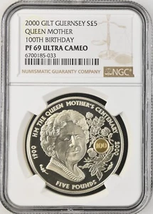 2000 GILT GUERNSEY SLIVER  5 POUNDS QUEEN MOTHER 100TH BIRTHDAY, NGC PF 69 UC - Picture 1 of 2