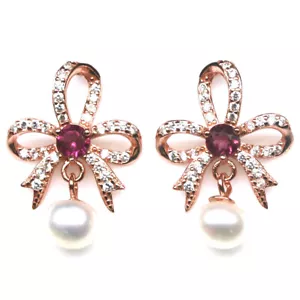 Gemstone 6 mm. White Pearl, Rhodolite & Zircon Earrings 925 Silver Rose Gold - Picture 1 of 4