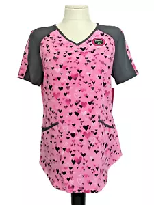 SCRUBSTAR PERFORMANCE STRETCH ULTRA SOFT V-NECK PINK HEARTS Scrub Top Sz S - Picture 1 of 11