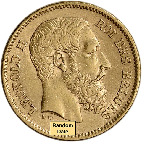 Belgium Gold 20 Francs (.1867 oz) - Leopold II - XF/AU - Random Date Cover
