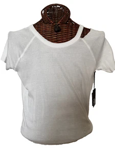 Chaser White Distressed M Short Sleeve Shirt Cutout Ripped Cute Top New w Tag - Picture 1 of 10
