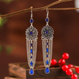 Tassels Earrings Boho Flower Silver Drop Earrings Ethnic Retro Jewelry for Women - Picture 1 of 13