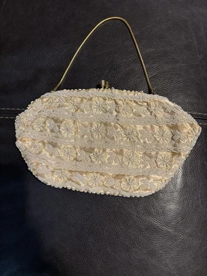 Beaded satin evening bag with floral embellishments and gold-tone chain handle - Image 1 of 3