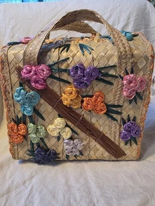 Vintage Straw Button Bag Purse Handmade Woven Floral Lined Hippie - Picture 1 of 9