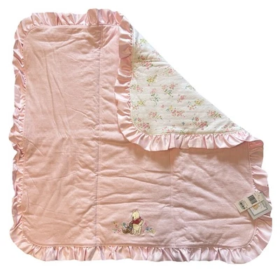 Винтажное двустороннее детское одеяло Disney Winnie The Pooh & Roo с розовым цветочным рисунком и атласной отделкой - Изображение 1 из 4