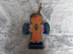 Southwest style handmade & handpainted teracotta cross with leather hanger. - Picture 1 of 4
