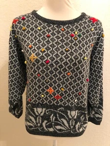 Vtg Kate Collins Pullover Gray White Colorful Pom Pom Sweater Size Small Petite - Picture 1 of 8