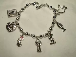 AVON...Silver Tone,Red Crystals Christian Inspirational Locket & Charms Bracelet - Picture 1 of 8