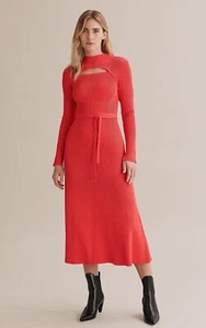 COUNTRY ROAD Chilli Red Textured Rib KNIT Cutout Neck Waist Tie MIDI Dress Sz S - Picture 1 of 17