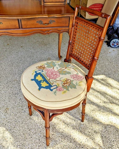 Vintage W&J Sloane Hickory Chair Co. Needlepoint Caned Bamboo Chair WILL SHIP Cover