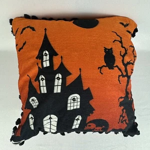 Halloween Throw Pillow Haunted House Orange Spooky Light-Up Owl Bats 18 x 18 - Picture 1 of 13
