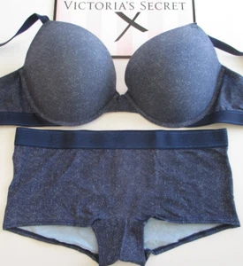 VICTORIA'S SECRET PINK Super Push-Up Bra and Panty Set VS Cotton Denim Blue NWT - Picture 1 of 5