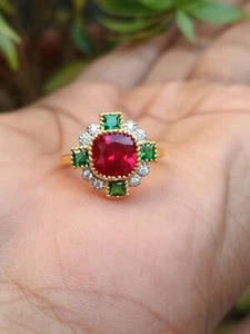 925 Sterling Silver Red Ruby Lab-Created Gold Plated Handmade Ring - Picture 1 of 6