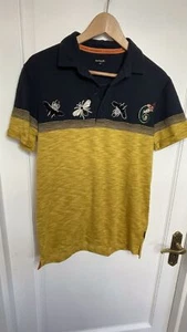 Desigual Insect Embroidered Cotton Blend Mustard Yellow Navy Polo Top Size M - Picture 1 of 12