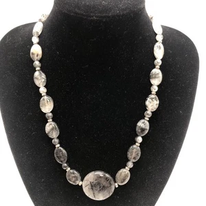 Rutilated Black + White Quartz Bead Necklace, .925 Silver Clasp + Chain, 20" - Picture 1 of 15